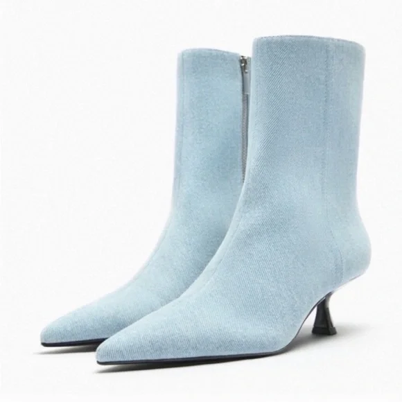Zara Denim Jean Kitten Heel Boots Booties Blue EUC 37 6.5 - Picture 1 of 9